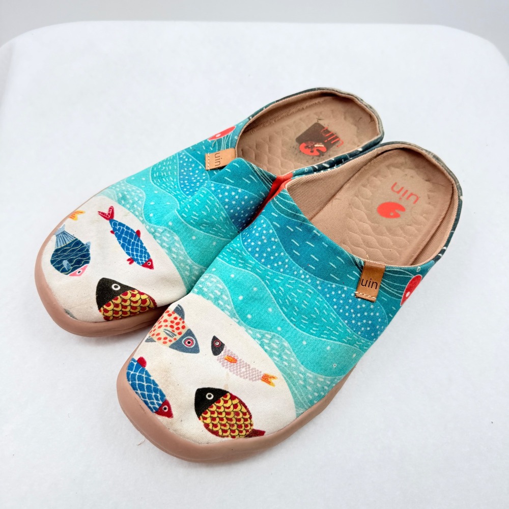 UIN Slip On Mules Mens 12.5 Blue Happy Fish Canvas Travel Shoes Beachy Coastal